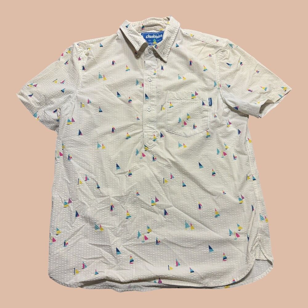 Chubbies Golf Polo Shirt Men's Small Blue Sail boat Print Vacation Textured